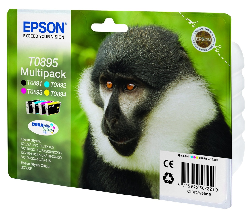 ORIGINAL Epson Multipack nero / ciano / magenta / giallo C13T08954010 T0895 ~700 Seiten 4 cartucce: T0891 + T0892 + T0893 + T0894