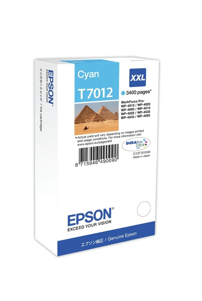 ORIGINAL Epson Cartuccia d'inchiostro ciano C13T70124010 T7012 XXL ~3400 Seiten XXL