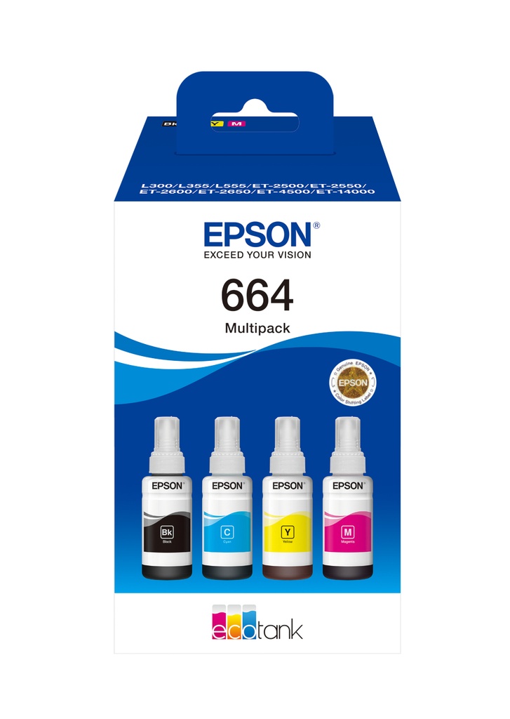 [C13T664640] ORIGINAL Epson Multipack nero / ciano / magenta / giallo C13T664640 664 ~27000 Seiten 70ml 664 EcoTank 4-colour Multipack