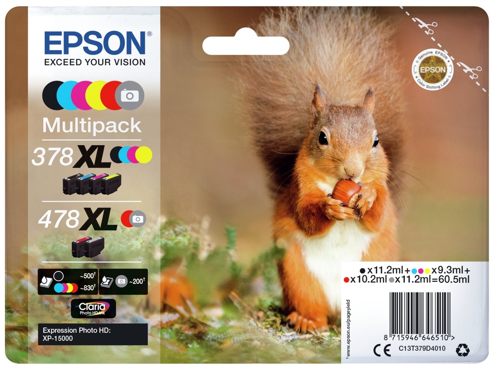 ORIGINAL Epson Multipack nero / ciano / magenta / giallo / Rosso / Grigio C13T379D4010 378XL+478XL ~4020 Seiten