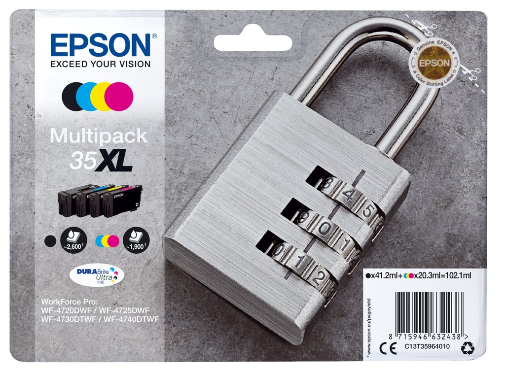 [C13T35964010] ORIGINAL Epson Multipack nero / ciano / magenta / giallo C13T35964010 35XL ~8300 Seiten