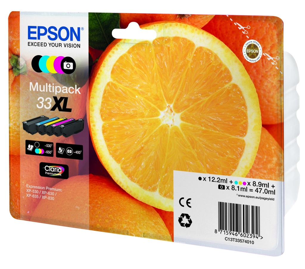 ORIGINAL Epson Multipack nero / ciano / magenta / giallo / Nero (Foto) C13T33574011 33 XL ~2880 Seiten 5 Cartucce d'inchiostro: T3351 + T3361 + T3362 + T3363 + T3364