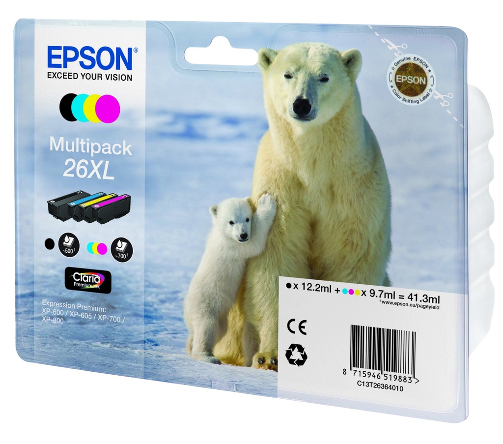 ORIGINAL Epson Multipack nero / ciano / magenta / giallo C13T26364010 26 XL ~2500 Seiten 4 cartucce d'inchiostro XL: T2621 + T2632 + T2633 + T2634