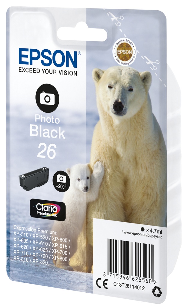 [C13T26114022] Epson Polar bear Singlepack Photo Black 26 Claria Premium Ink