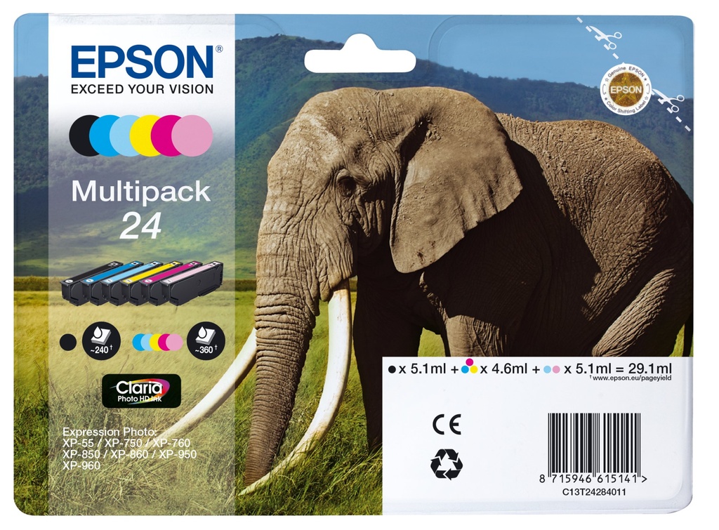 ORIGINAL Epson Multipack nero / ciano / magenta / giallo / ciano (chiaro) / magenta (chiaro) C13T24284011 24 ~2040 Seiten 6 cartucce d'inchiostro: T2421-T2426