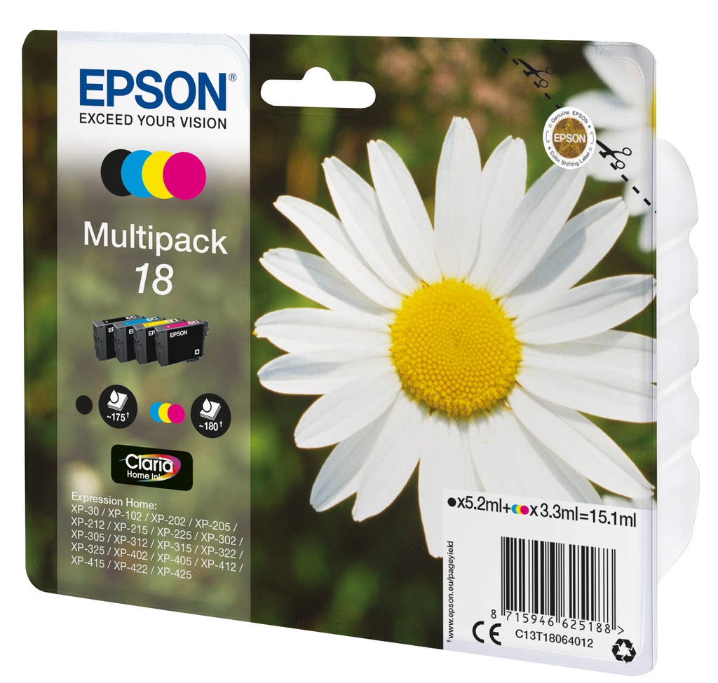 [C13T18064022] Epson Daisy Multipack Margherita 4 colori Inchiostri Claria Home 18