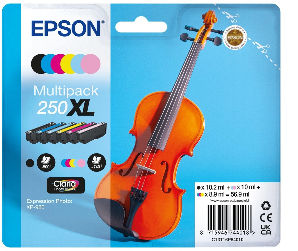 [C13T16P84010] Epson 250XL Violin Claria Photo HD cartuccia d'inchiostro 6 pz Originale Resa elevata (XL) Nero, Ciano, Ciano chiaro, Magenta chiaro, Magenta, Giallo