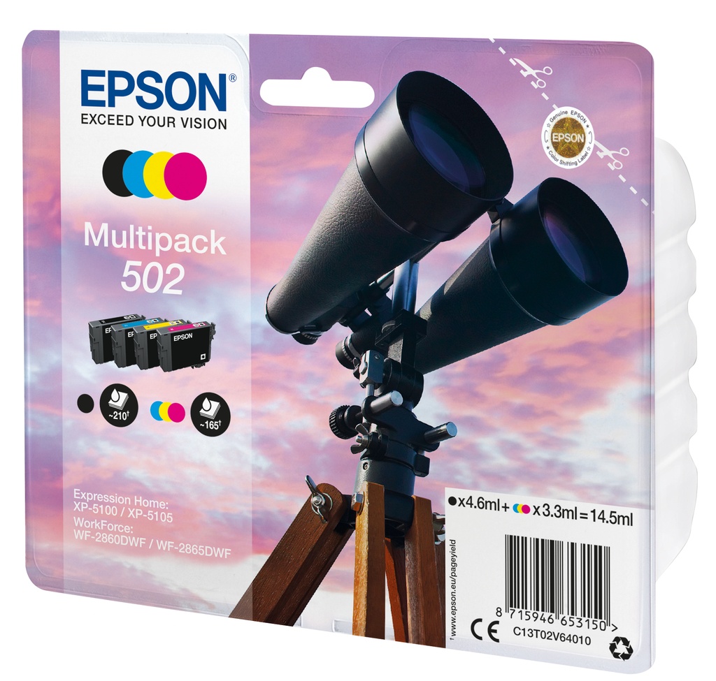 ORIGINAL Epson Multipack nero / ciano / magenta / giallo C13T02V64010 502 ~705 Seiten