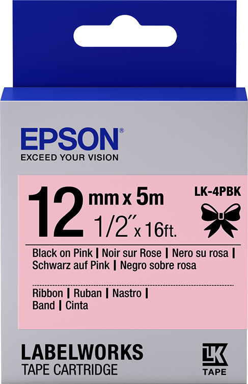 [C53S654031] Epson Nastro satinato per etichettatrici LK-4PBK nero/rosa 12 mm (5 m)