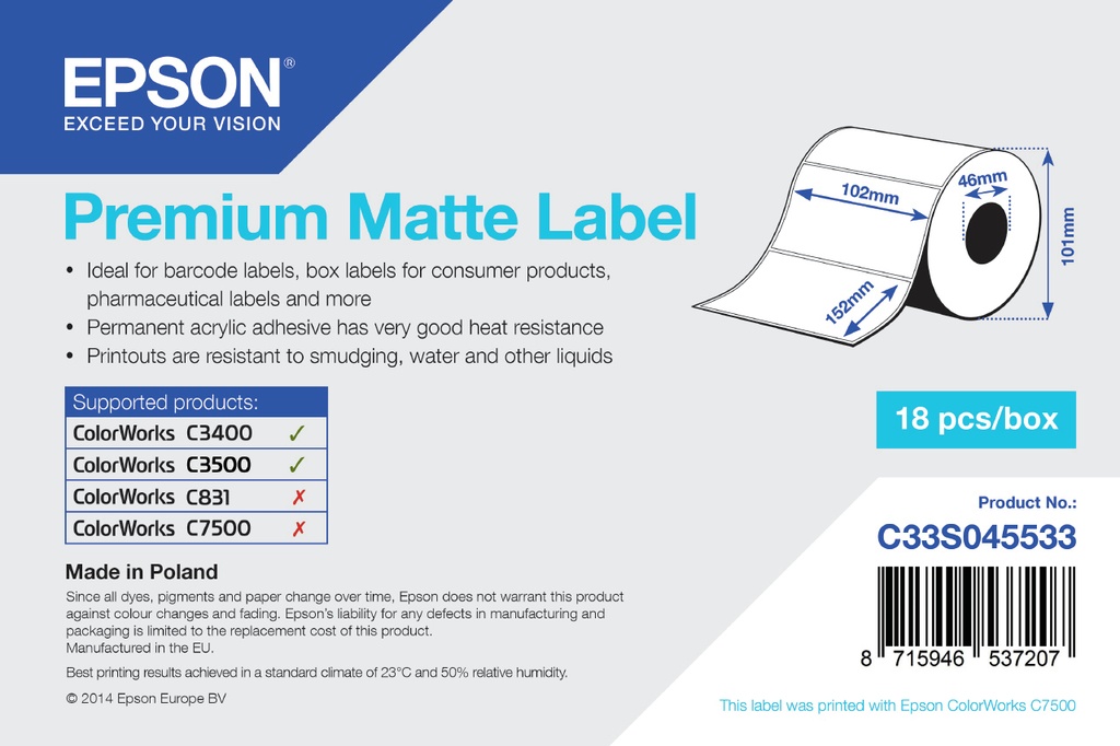 Etichette Epson Bianco C33S045533 S045533 102mm x 152mm 225 etichette