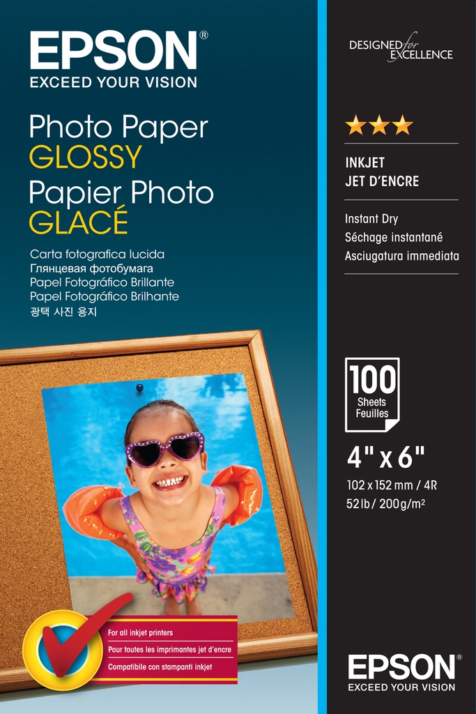 ORIGINAL Epson Carta Bianco C13S042548 Photo Paper Glossy Carta da Foto, 10 x 15 cm, 200g/m², 100 Fogli, patinata