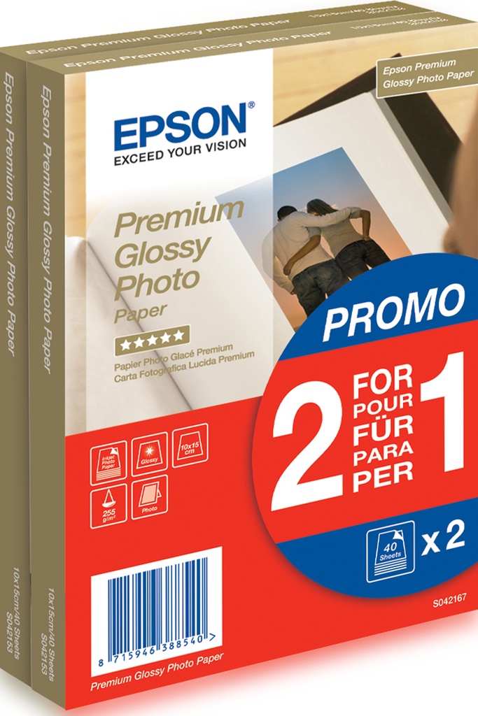 [C13S042167] ORIGINAL Epson Carta Bianco C13S042167 Premium Glossy 80 Blatt carta fotografica, 10 x 15 cm, 255 gr/m², 80 pagine, premium, glossy