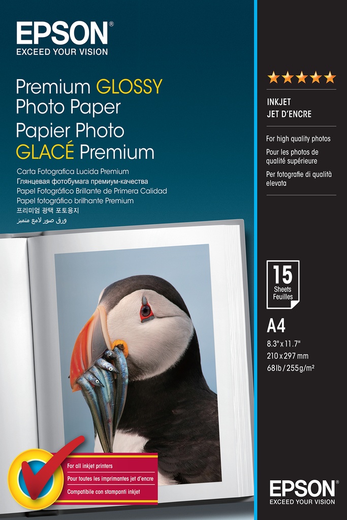 ORIGINAL Epson Carta Bianco C13S042155 Premium Glossy carta fotografica, DIN A4, 15 fogli, 255 g/m², Premium glossy