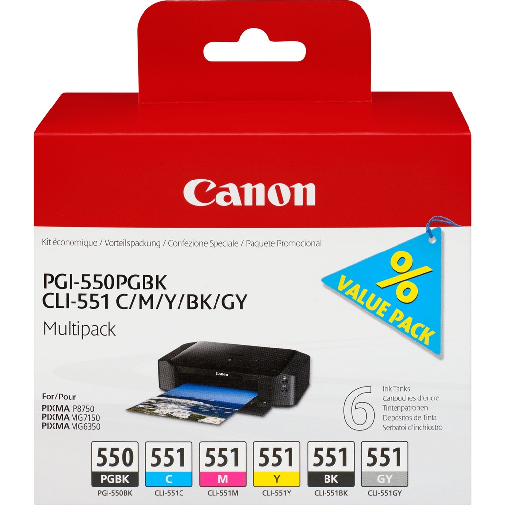 ORIGINAL Canon Multipack nero / ciano / magenta / giallo / Grigio PGI-550+CLI-551 6496B005 ~1852 Seiten 6 cartucce: 1x PGI-550 + 1 cartuccia pro colore. CLI-551 BK+C+M+Y+GY
