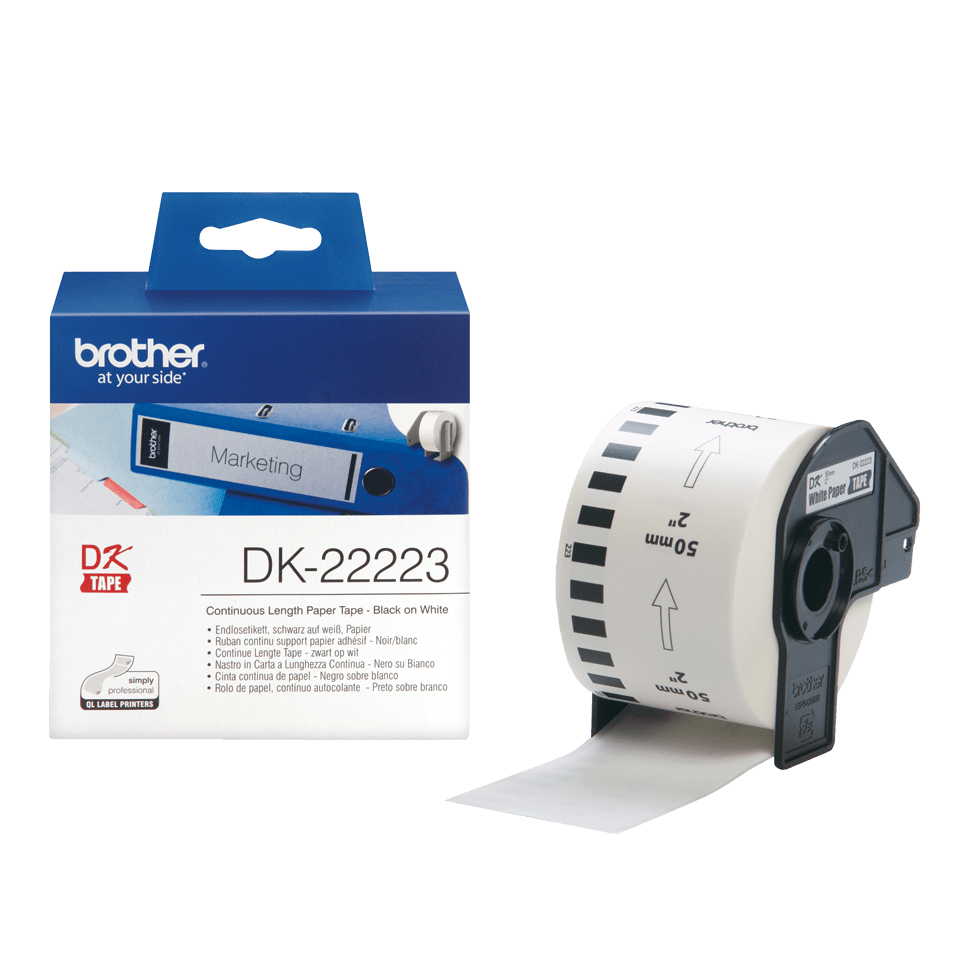 [DK22223] ORIGINAL Brother Etichette Nero su bianco DK-22223 etichetta a lunghezza continua, 50mm x 30, 48m bianca