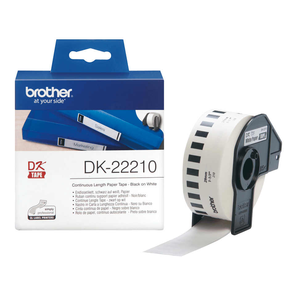 ORIGINAL Brother Etichette Nero su bianco DK-22210 etichetta a lunghezza continua, 29mm x 30,48m bianco