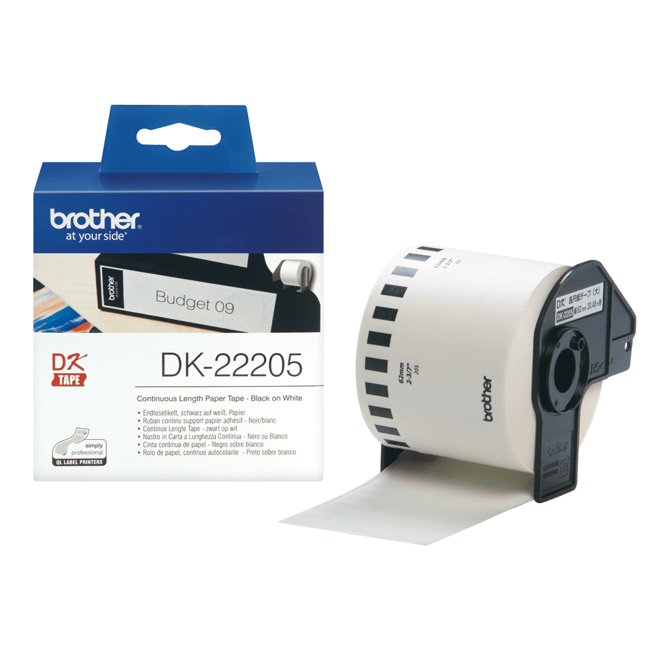 [DK22205] ORIGINAL Brother Etichette Nero su bianco DK-22205 etichetta a lunghezza continua, 62mm bianco 30,48m