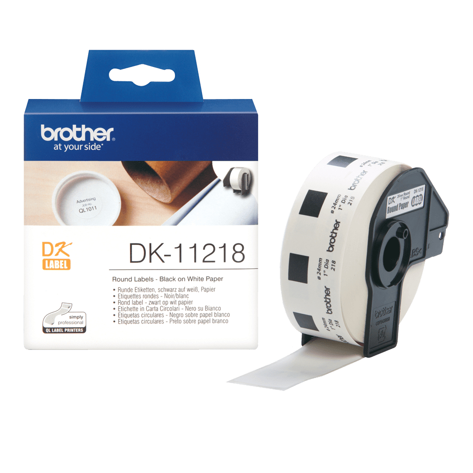 [DK11218] ORIGINAL Brother Etichette Nero su bianco DK-11218 etichetta rotonda, 24 mm bianco 1000 et./ruolo