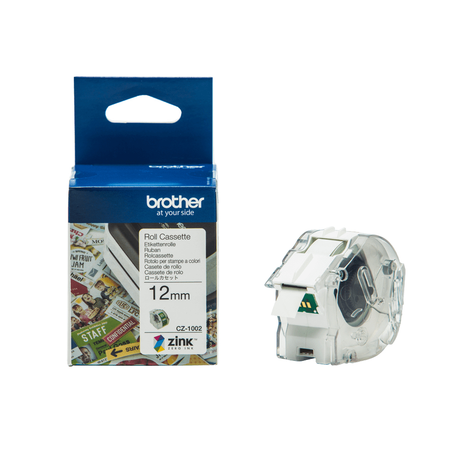 [CZ1002] ORIGINAL Brother Etichette Bianco su verde CZ-1002 12 mm Rotolo di etichette colorate 12 mm x 5 m, autoadesive