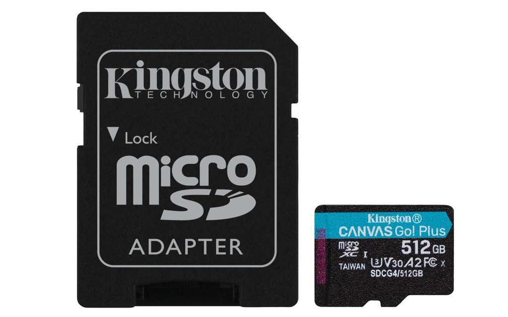 Scheda microSDXC Canvas Go Plus Kingston Technology Gen4 200MB/s A2 U3 V30 da 512 GB + adattatore