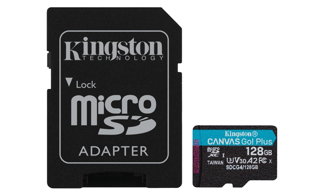 Scheda microSDXC Canvas Go Plus Kingston Technology Gen4 200MB/s A2 U3 V30 da 128 GB + adattatore