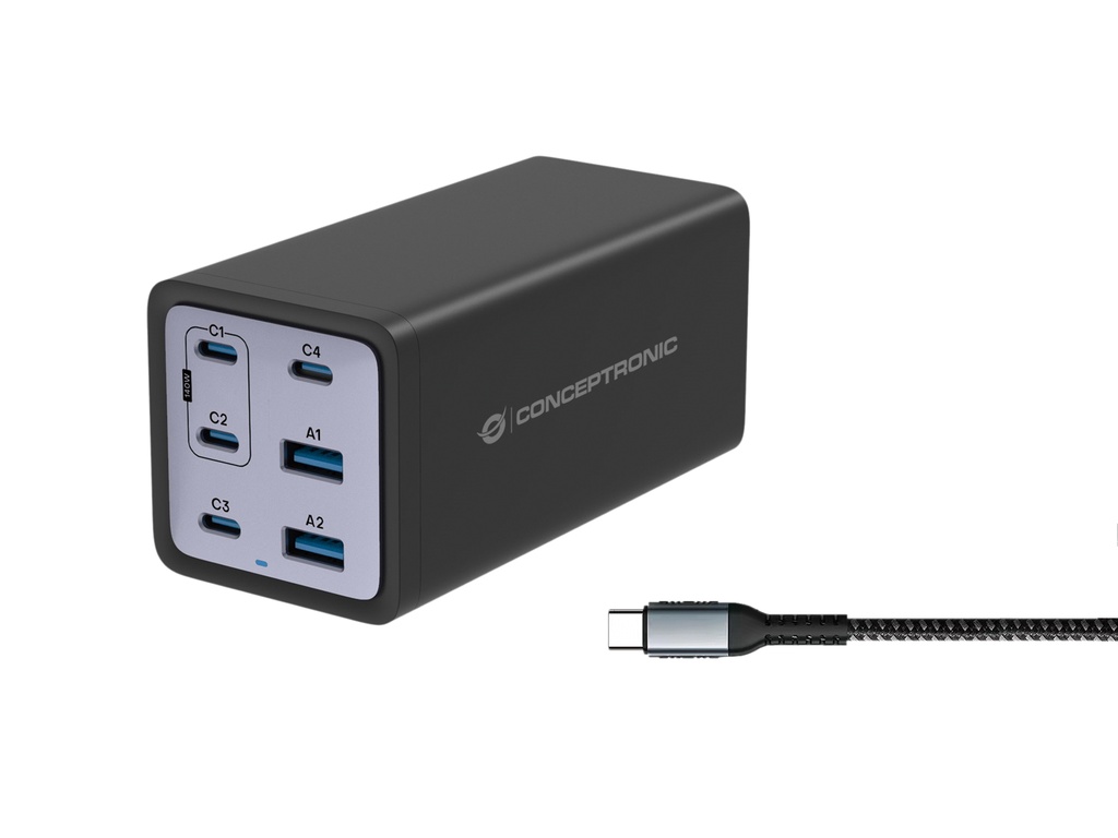 [OZUL06BE] Conceptronic 6-Port 200W GaN USB PD Charger with USB-C Charging Cable, USB-C x 4, USB-A x 2, QC 3.0, PD 3.1, PPS