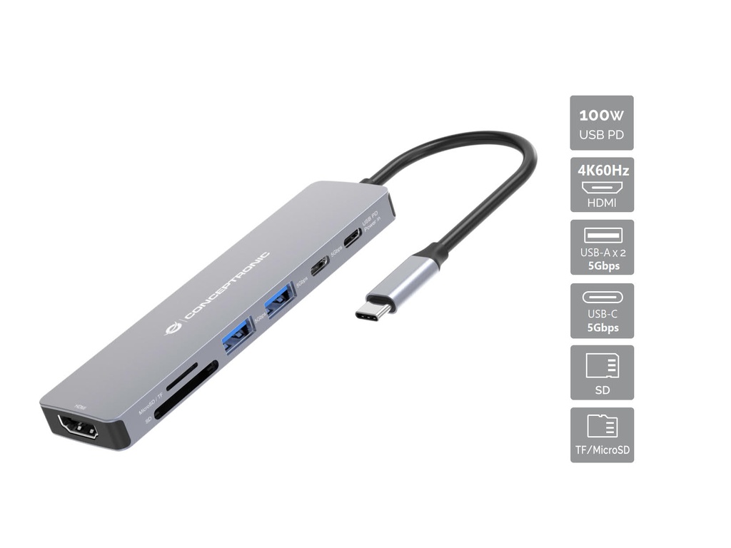 Conceptronic DONN28G 7-in-1 USB 3.2 Gen 1 Docking Station, 4K60Hz HDMI, USB-A 5Gbps x 2, USB-C 5Gbps, SD, TF/MicroSD, 100W USB PD