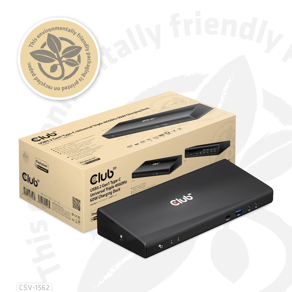 [CSV-1562] CLUB3D The CSV-1562 is an USB3.2 Gen1 Type-C Universal Triple 4K30Hz Charging Docking Station and is DisplayLink® Certified. The Universal Charging Dock