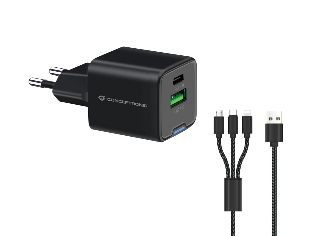 Conceptronic 2-Port 33W GaN USB PD Charger with 3-in-1 Charging Cable, USB-C x 1, USB-A x 1, QC 3.0, PPS