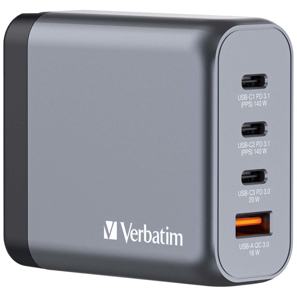[32203V] Verbatim GNC-140 GaN Charger 140W with 2 x USB-C PD 140W / 1 x USB-C PD 20W / 1 x USB-A QC 3.0 (EU/UK/US)
