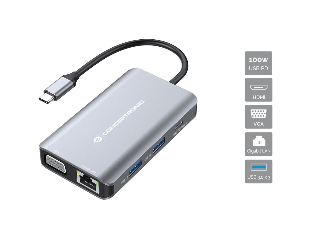 Conceptronic DONN21G replicatore di porte e docking station per laptop Cablato USB 3.2 Gen 1 (3.1 Gen 1) Type-C Grigio