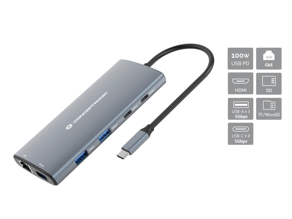 [43.8415] Conceptronic DONN06G 10-in-1 USB 3.2 Gen 1 Docking Station, HDMI, 100W USB PD, USB-C 5Gbps x 2, USB-A 5Gbps x 3, SD, TF/MicroSD, GbE