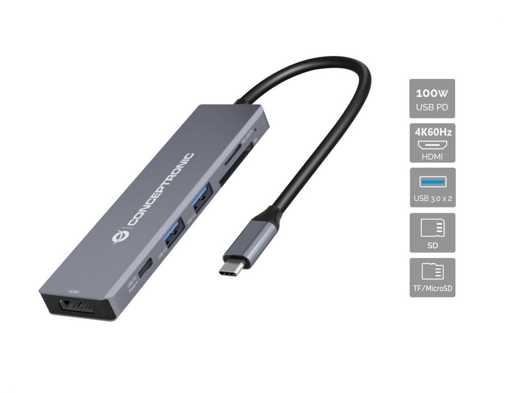 [DONN23G] Conceptronic DONN23G replicatore di porte e docking station per laptop Cablato USB 3.2 Gen 1 (3.1 Gen 1) Type-C Grigio