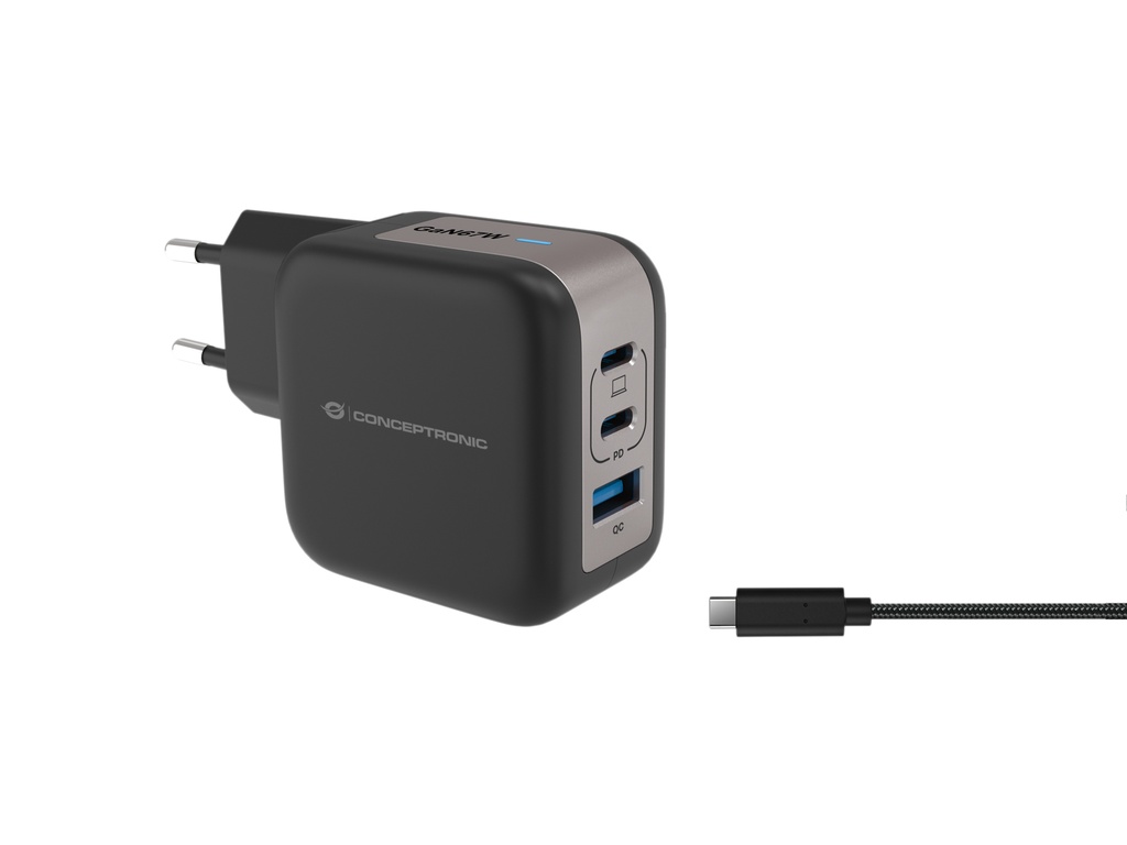 [ALTHEA17B] Conceptronic 3-Port 67W GaN USB PD Charger with USB-C Charging Cable, USB-C x 2, USB-A x 1, QC 3.0, PPS