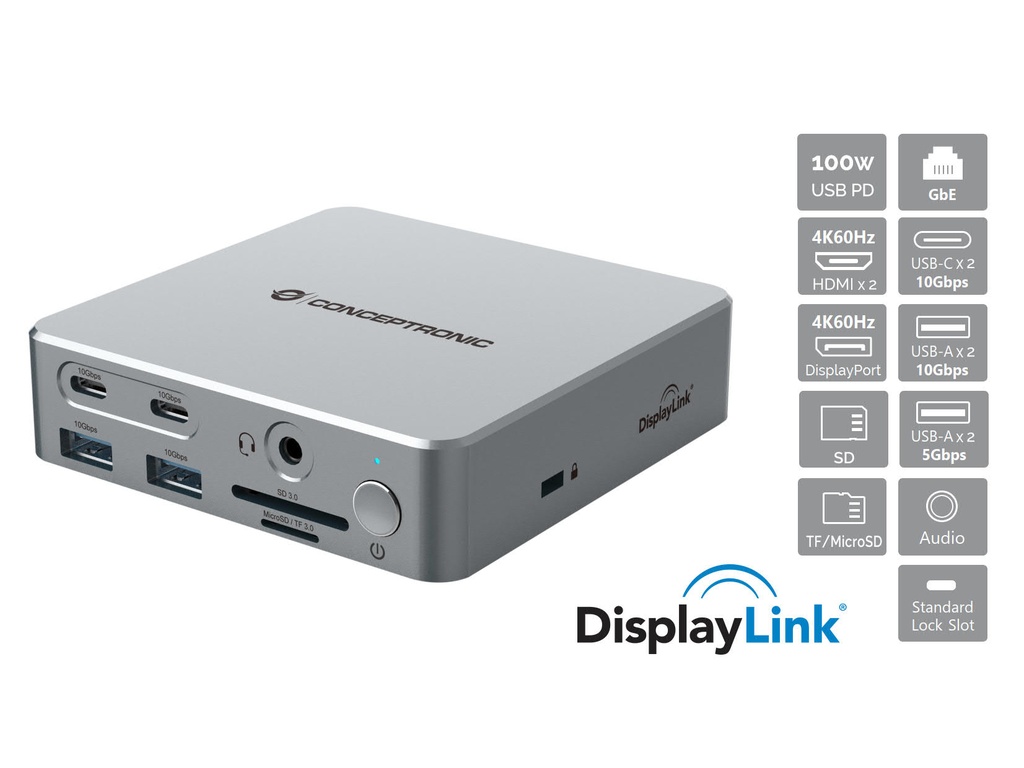 [DONN25G] Conceptronic DONN25G 15-in-1 DisplayLink USB 3.2 Gen 2 Docking Station, Triple 4K60Hz Display, HDMI x 2, DisplayPort, USB-C 10Gbps x 2, USB-A 10Gbps x 2, USB-A 5Gbps x 2, SD, TF/MicroSD, GbE, Audio, DC in, Security Slot, PD 3.0