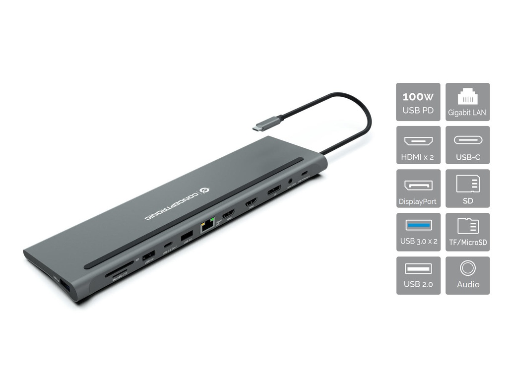 [DONN17G] Conceptronic DONN17G replicatore di porte e docking station per laptop Cablato USB 3.2 Gen 1 (3.1 Gen 1) Type-C Grigio