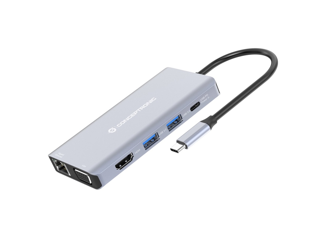 [DONN20G] Conceptronic DONN20G 10-in-1 USB 3.2 Gen 1 Docking Station, HDMI, VGA, USB-A 3.0 x 3, SD, TF/MicroSD, Audio, GbE LAN, 100W USB PD