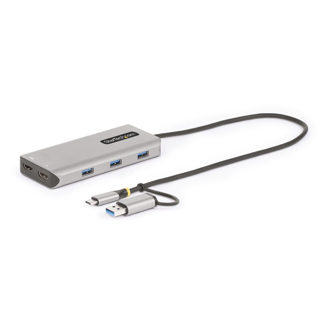 [167B-USBC-MULTIPORT] StarTech.com Adattatore multiporta USB-C con dongle USB-C a USB-A, doppio HDMI (4K30Hz/1080p60Hz), Hub USB-A 5Gbps a 3 porte, mini dock da viaggio, docking station USB tipo C per laptop, Cavo da 40 cm