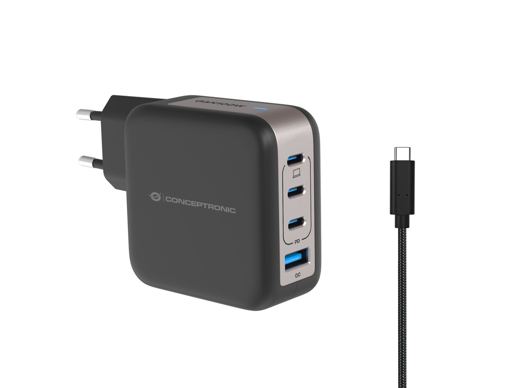 [ALTHEA18B] Conceptronic 4-Port 100W GaN USB PD Charger with USB-C Charging Cable, USB-C x 3, USB-A x 1, QC 3.0, PPS