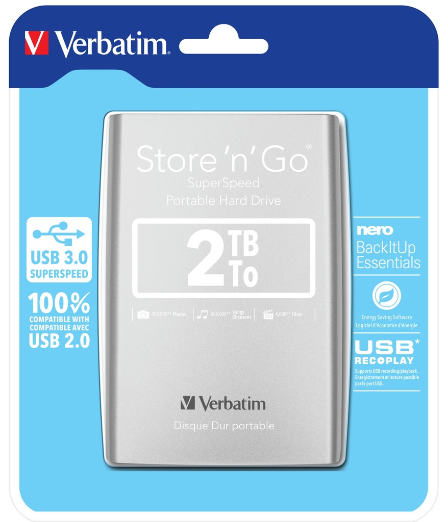 [53189] Verbatim Disco rigido portatile Store 'n' Go USB 3.0 da 2 TB Argento