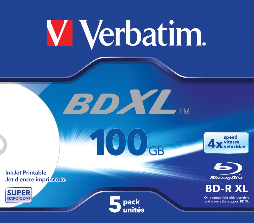 [43789/5] Verbatim BD-R XL 100GB* 4x Ampia area stampabile a getto d'inchiostro, 5 pezzi in Jewel case