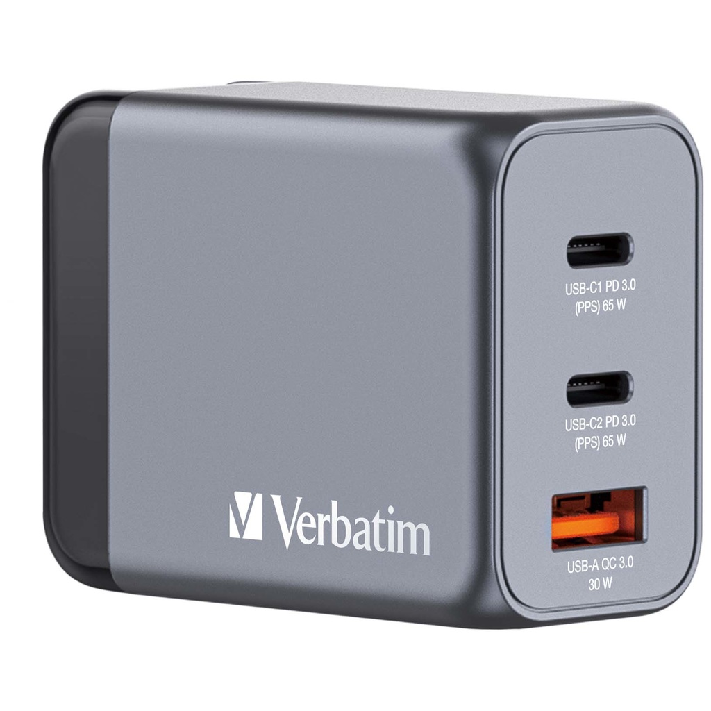 [32201] Verbatim GNC-65 GaN Charger 65W with 2 x USB-C PD 65W / 1 x USB-A QC 3.0 (EU/UK/US)