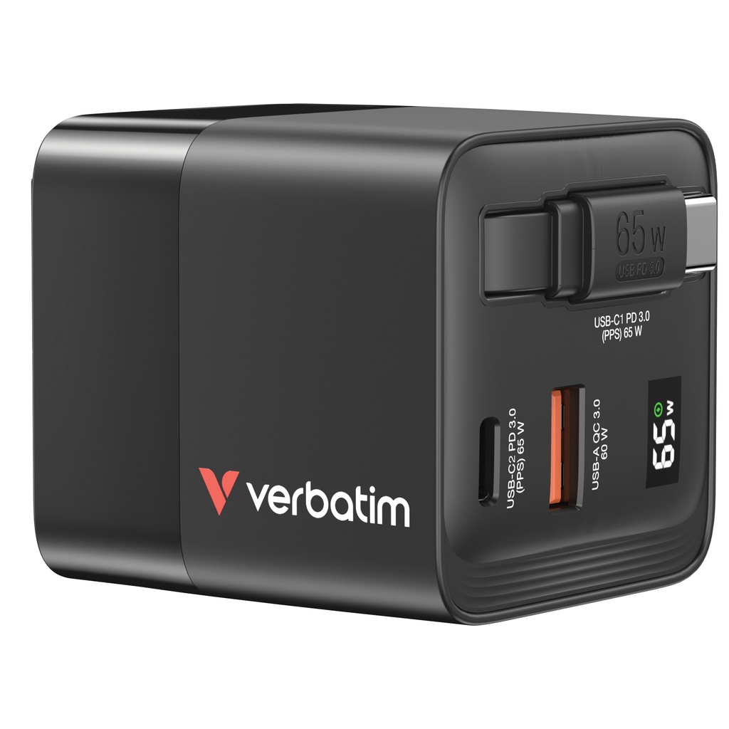 [32217] Verbatim GaN Charger 65W 2 Port retractable cable display US plugs with EU and UK adaptors