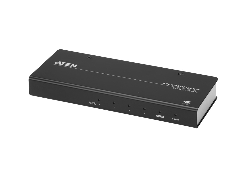 [VS184B-AT-G] ATEN Splitter HDMI 4K reale a 4 porte

Connette una sorgente HDMI a quattro schermi HDMI contemporaneamente
HDMI (3D, Deep Color, 4K); compatibile HDCP 2.2
Supporta HDR10+
Supporta soluzioni massime fino a 4096 x 2160 / 3840 x 2160 a 60 Hz (4:4:4)
Trasmissione a lunga distanza fino a 15 m (1920x1200) / 5 m (4K reale)*
Frequenza massima pixel clock fino a 600 MHz
Velocità massima dati, 18 Gbps (6 Gbps per linea)
Indicatore LED per lo stato di alimentazione e dispositivi di origine
EDID Expert™  – , seleziona le impostazioni EDID ottimali per una visualizzazione fluida con qualità elevata e per usare la risoluzione video migliore mediante lo switch EDID DIP per consentire agli utenti di scegliere senza problemi tra Porta 1, Predefinito e Auto
Plug-and-play  – nessuna installazione software necessaria