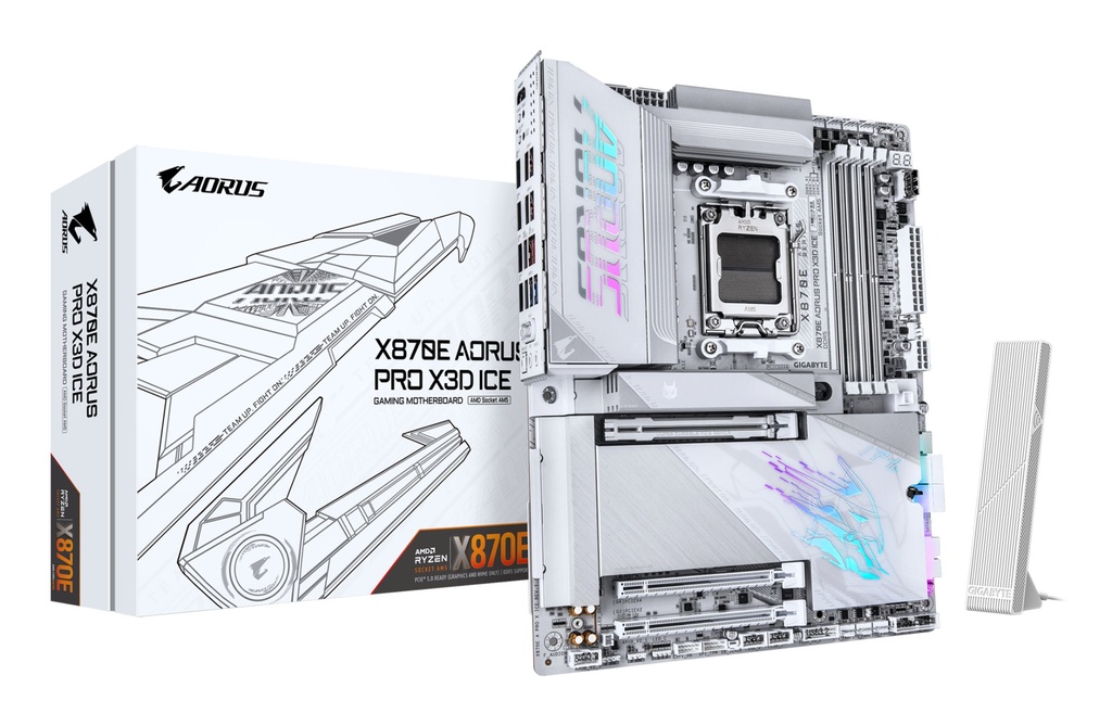 [X870E A PRO X ICE] GIGABYTE X870E AORUS PRO X3D ICE Scheda Madre – Supporta CPU AMD Ryzen 9000, VRM Digitale a 18+2+2 fasi, fino a 9000 Hz DDR5 (OC), 2 x PCIe 5.0 + 2 x PCIe 4.0, Wi-Fi 7, LAN 5 GbE, USB 4