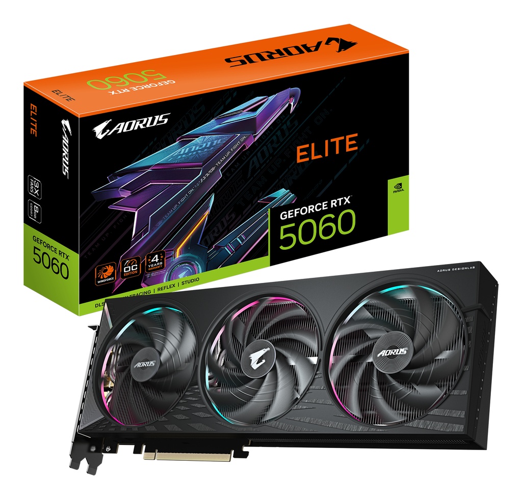 [GV-N5060AORUS E-8GD] GIGABYTE AORUS GeForce RTX 5060 ELITE 8G Scheda Grafica - 8GB GDDR7, 128bit, PCI-E 5.0, 2722 MHz Frequenza core, 3 x DisplayPort, 1 x HDMI, GV-N5060AORUS E-8GD