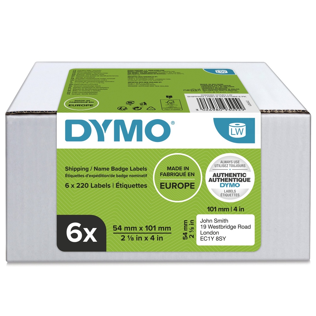 [2093092] DYMO LW etichette originali grandi per spedizioni | 54x101 mm | 6 rotoli da 220 etichette facili da staccare (1.320 pezzi) | autoadesive | per etichettatrici LabelWriter