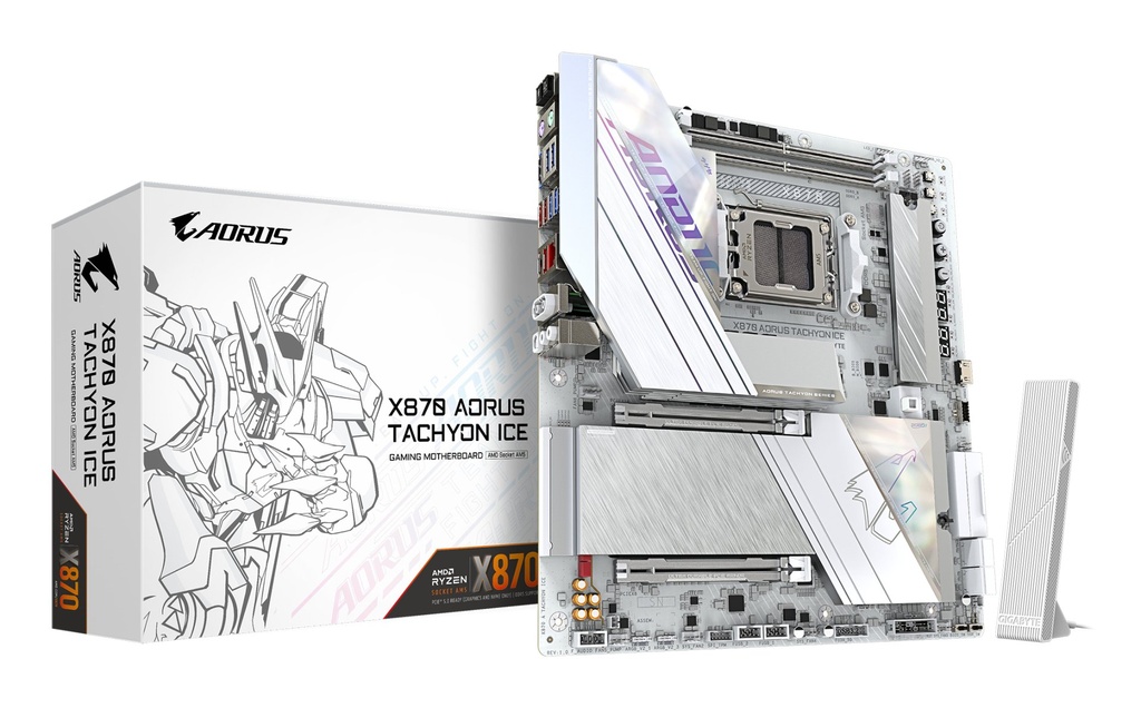 [X870 A TACHYON ICE] GIGABYTE X870 AORUS TACHYON ICE Scheda Madre – Supporta CPU AMD Ryzen 9000, VRM digitale a 18+2+2 fasi, fino a 9600 MHz DDR5 (OC), 1 x PCIe 5.0 + 2 x PCIe 4.0, Wi-Fi 7, LAN 5 GbE, USB 4