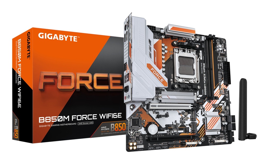 [B850M FORCE WF6E] GIGABYTE B850M FORCE WIFI6E Scheda Madre – Supporta processori AMD Ryzen serie 9000, VRM digitale a 8+2+2 fasi, fino a 9600 MHz DDR5 (OC), 1 x M.2 PCIe 5.0 + 2 x M.2 PCIe 4.0, Wi-Fi 6E, LAN 2.5 GbE, USB 3.2 Gen 2