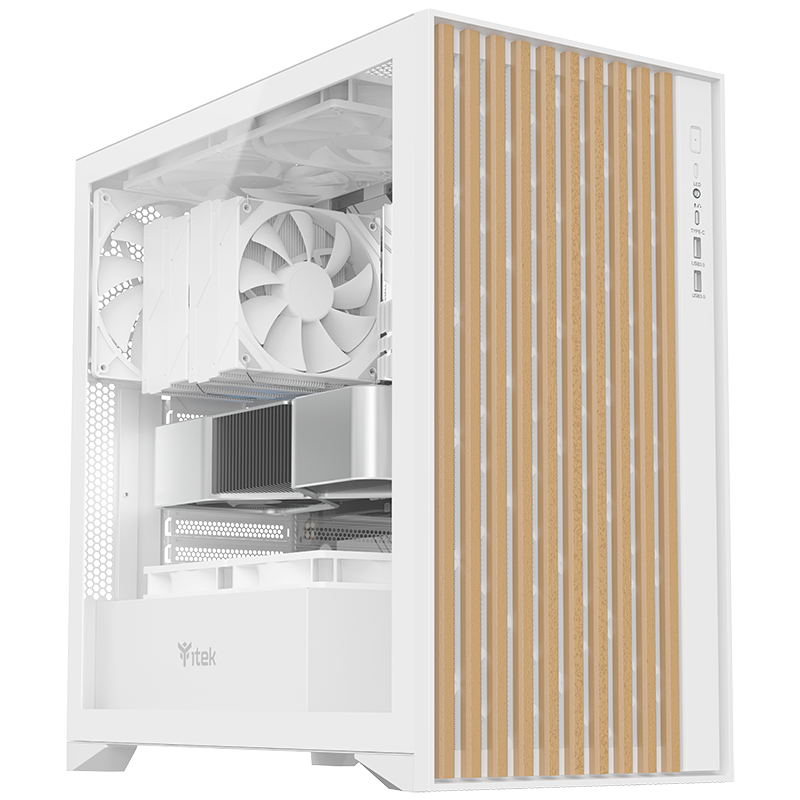 [ITGCAWO28W] Case WOODY - Gaming Tower- ATX- 3x14cm White fan- 2xUSB3- Type-C-  Wood Front- Temp Glass Side Panel- White Edtion